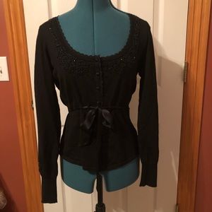 White House black market beaded ribbon tie cardi
